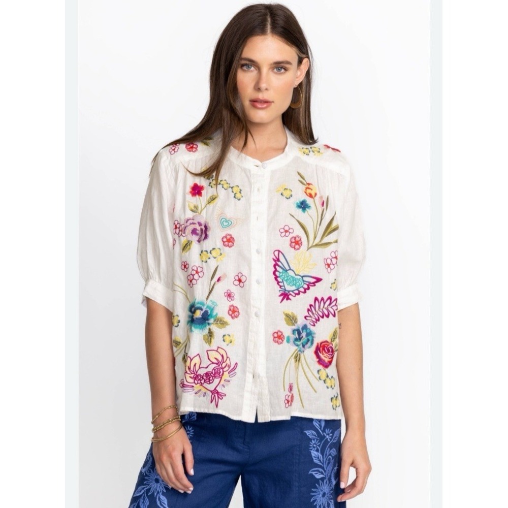 Johnny Was Jessi Shirred Yoke Blouse XXL Linen Embroidered Floral Bird Shirt NEW